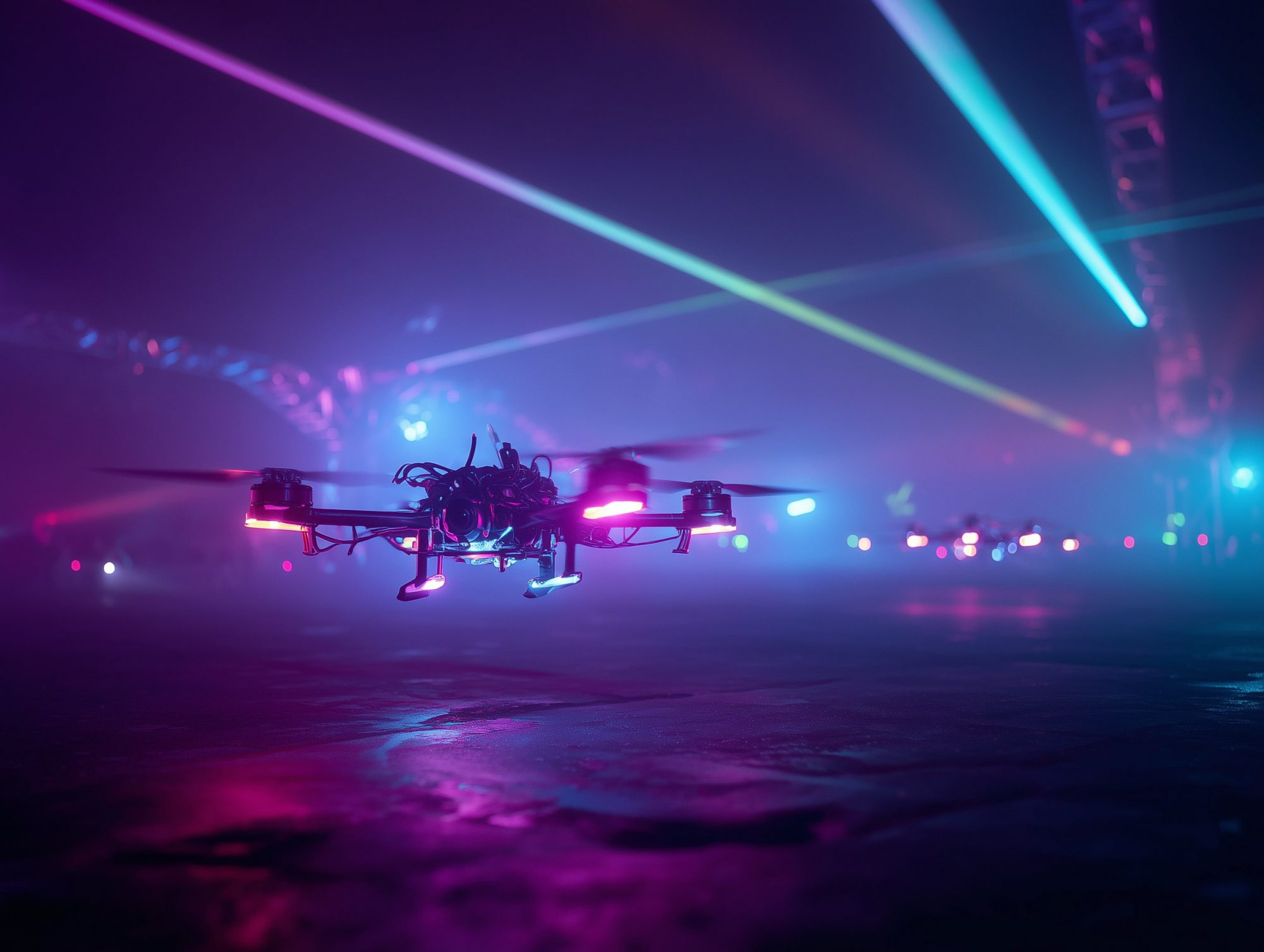 dark image of a drone race, drones flying competing, with neon lights